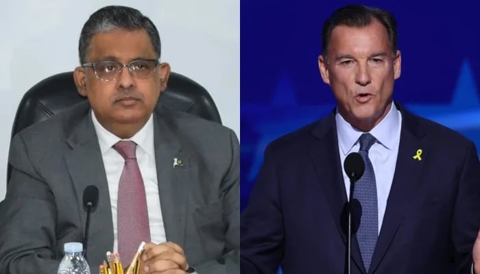 A combination of images showing Pakistans Ambassador to US Rizwan Saeed Sheikh (left) and Chairman of Congressional Pakistan Caucus Representative Tom Suozzi seen in this image. — Reuters/File