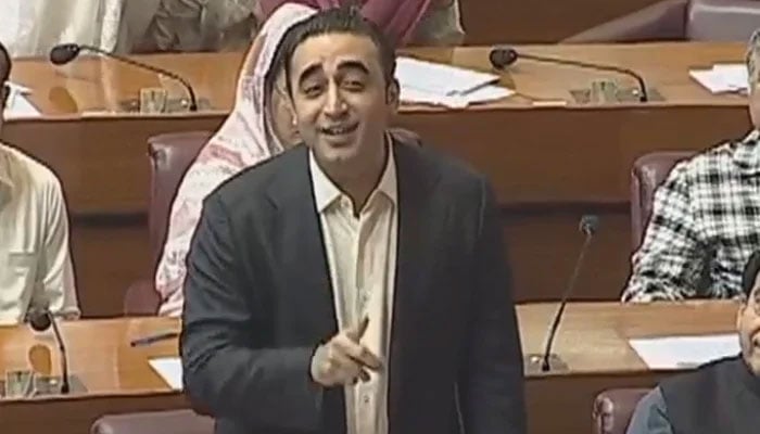 PPP Chairman Bilawal Bhutto-Zardari speaks during National Assembly session. — Screengrab/Geo News/YouTube/file