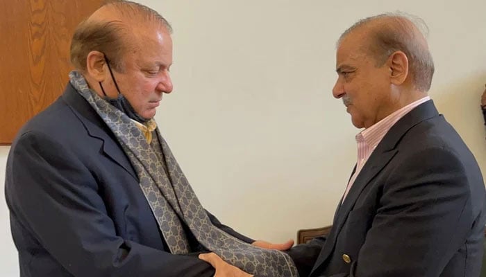 Pakistan Muslim League Nawaz (PML-N) President Nawaz Sharif (left) while meeting with the Premier Shehbaz Sharif on November 30, 2023. — Facebook/PML(N)