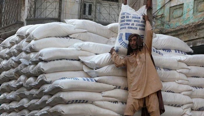 The undated image shows a labourer carrying a sack of refined sugar. Representational image. — APP File