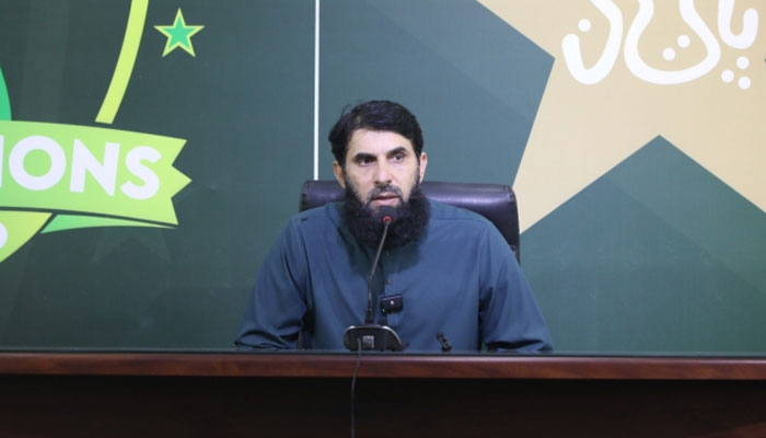 Former Pakistan cricket captain and current mentor of the Markhor team, Misbah-ul-Haq speaks at a press conference. — PCB Website/File