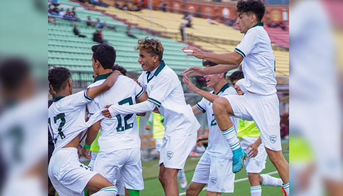 Pakistan U17 football team players celebrating after scoring a goal against Nepal during the SAFF U17 Championship 2024 on September 21, 2024. — Facebook/Pakistan Football Federation