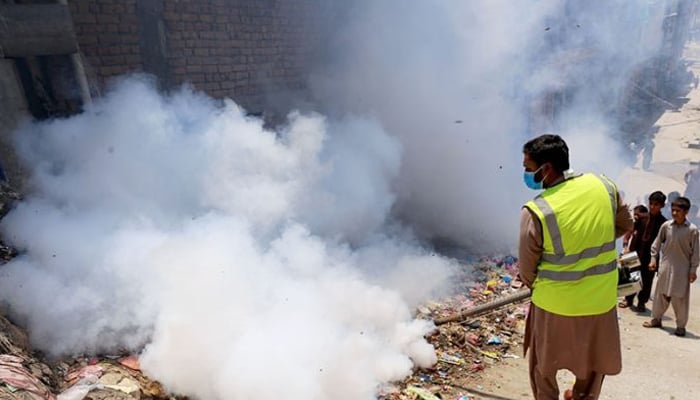 Government personnel are spraying mosquitoes in the town of Rawalpindi to prevent dengue and some small children are nearby. — APP/File