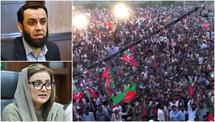 (Clockwise from top left) Information Minister Ataullah Tarar, PTI workers attending the power show in Lahore, Kahna, on September 21, 2024, and Punjab Information Minister Azma Bokhari. — Screengrab/Geo News/APP/Facebook/@AzmaBokhariPMLN