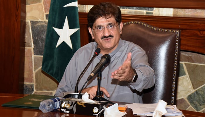 Murad Ali Shah addressing a press conference in Karachi in this undated image. — X/@SindhCMHouse/File