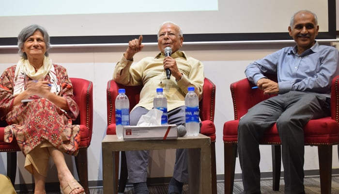 Dr. Ishrat Hussain is expressing his views in the event organized by Pakistan Institute of Labor Education and Research (Piler), in collaboration with the School of Economics and Social Sciences at the IBA Karachi September 20, 2024. — Facebook/@PILERPakistan