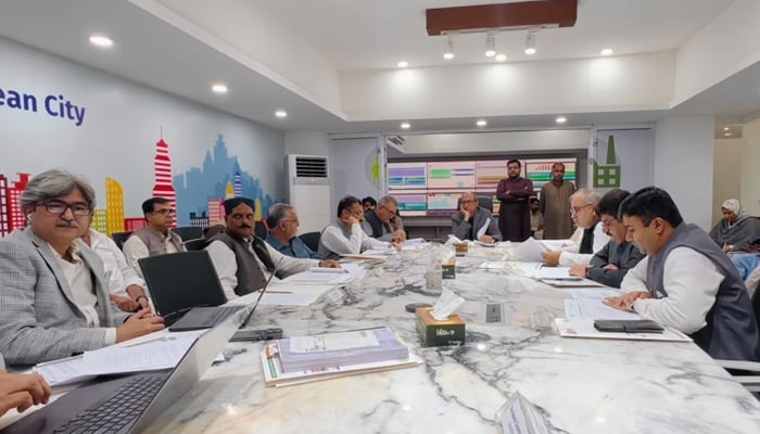 Sindh Local Government Minister and Chairman Provincial Steering Committee, Sindh Solid Waste Management Board Saeed Ghani chaired a meeting with officials of SSWMB the Provincial Steering Committee seen in this image. — Screengrab/Facebook/@SaeedGhaniPPP