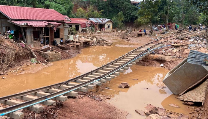 Destroyed railway tracks are pictured after major flooding in Kalaw township in Myanmars southern Shan state on September 19, 2024. — AFP