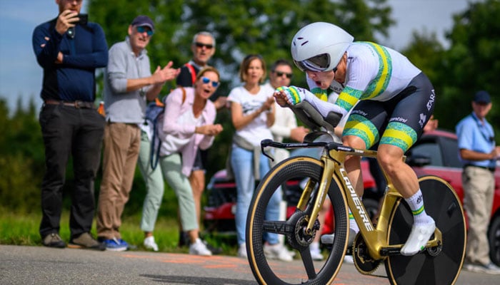 Australias Grace Brown on her gold bike speeding to the 2024 world time trial title. — AFP/file