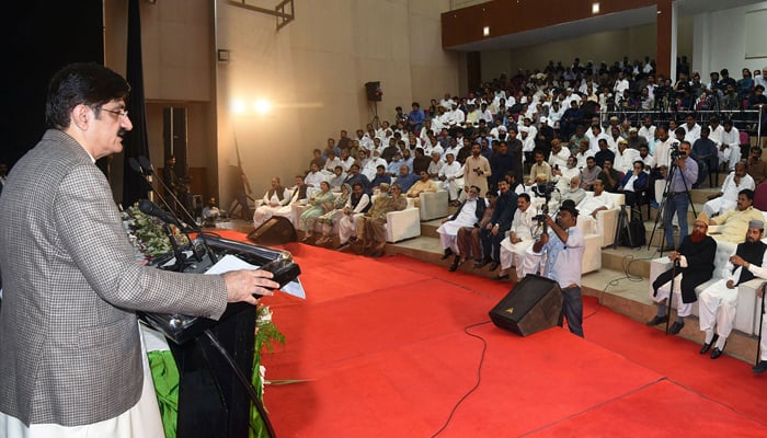 Sindh Chief Minister Syed Murad Ali Shah is expressing his views to the people on Seerat Conference: Importance of Interfaith Respect and Cooperation organized by Department of Religious Affairs at Liaquat Memorial Library on September 22, 2024. — Facebook/@SindhCMHouse