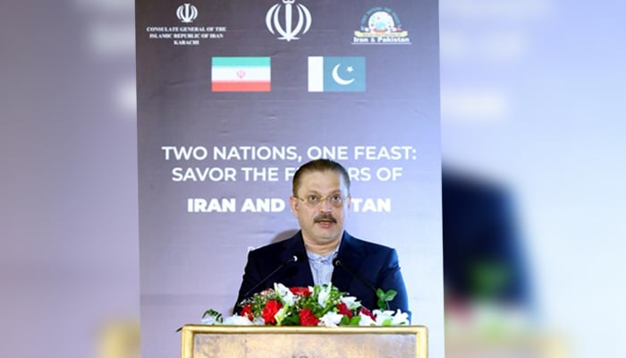 Sindh Minister Sharjeel Inam Memon is expressing his views regarding Pakistan-Iran relations in Karachi on September 22, 2024. — Facebook/@SharjeelInamMemon63