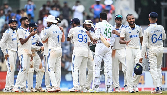 Indias and Bangladeshs players greet each other after the end of the first Test cricket match between India and Bangladesh at the M.A. Chidambaram Stadium in Chennai on September 22, 2024. — AFP