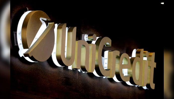 The UniCredit bank logo in the old city centre of Siena, Italy, June 29, 2017. — Reuters