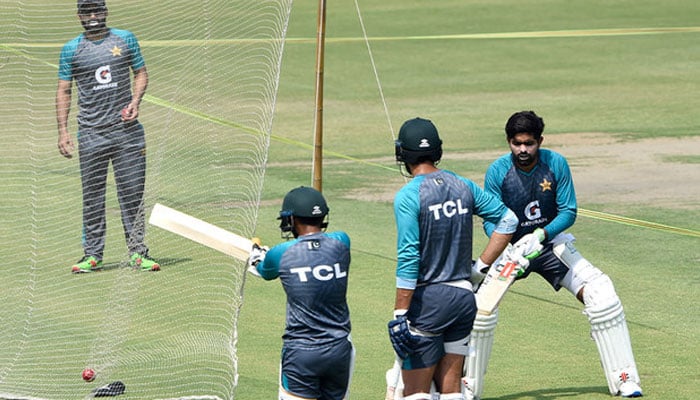 Pakistan cricket team players attend a practice session at the Gaddafi Stadium in Lahore on March 20, 2022. — AFP