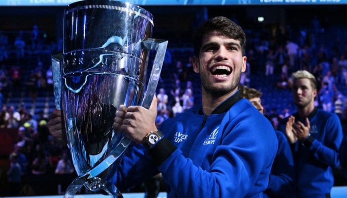 Europes Carlos Alcaraz celebrates with the trophy after winning the Laver Cup. — Reuters/file