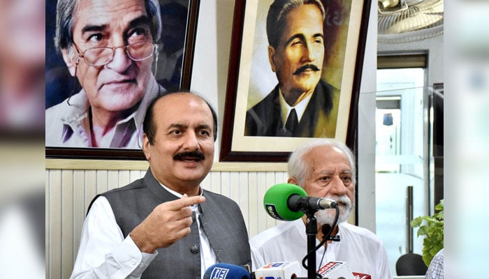 Chairman Prime Ministers Youth Programme Rana Mashood Ahmed Khan talks to the media during his visit to Sundas Foundation on September 23, 2024. — APP