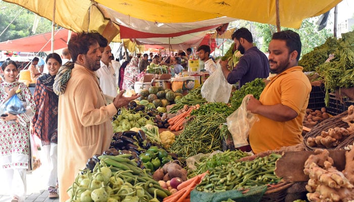 Vendors selling vegetables on their stall in the Sunday weekly bazaar in Lahore on September 21, 2024. — Online