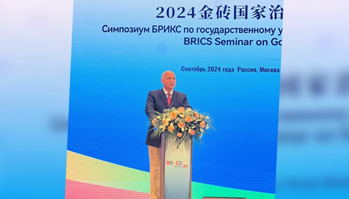 Senator Mushahid Hussain Sayed is expressing his views at the BRICS seminar held in Moscow seen in this image released on September 23, 2024. — Facebook/@MTtv2