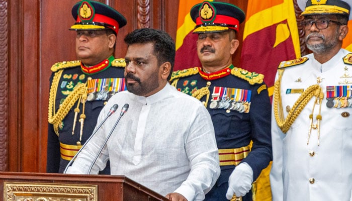 This handout photograph taken and released by the Sri Lanka President´s Office on September 23, 2024, shows Sri Lankas new President Anura Kumara Dissanayaka attending his swearing-in ceremony, in Colombo. — AFP