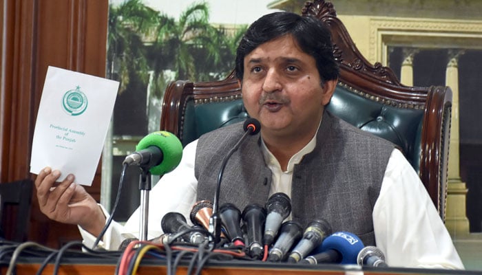 Speaker Punjab Assembly Malik Muhammad Ahmed Khan addresses a press conference at the Punjab Assembly in Lahore on September 23, 2024. — Online