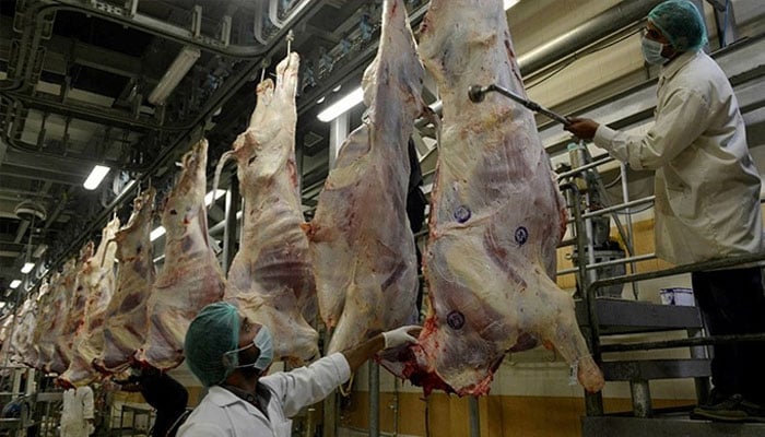 This photograph taken on April 9, 2015, shows Pakistani health inspectors as they certify meat by placing stamps at a government slaughterhouse in Lahore. — AFP/File