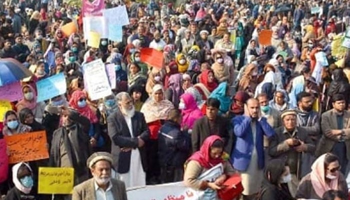 Representational image of teachers holding a protest with placards and banners in Islamabad. — INP/File