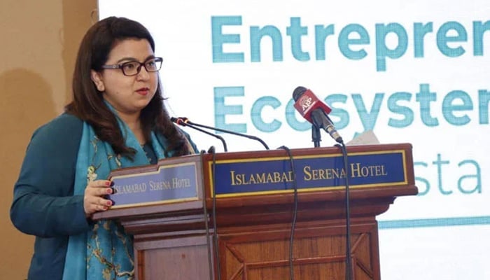 Minister of State for Information Technology and Telecommunications Shaza Fatima Khawaja addresses a ceremony at a local hotel in Islamabad on May 9, 2024. — Facebook/Shaza Fatima Khawaja