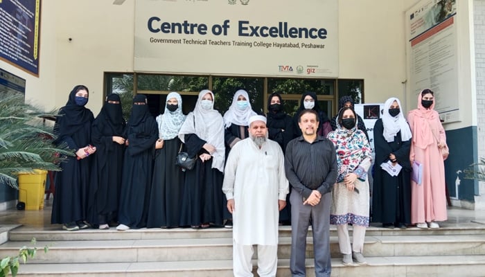 Krafters CEO Syed Zahid Ali Shah with the participants outside the Centre of Excellence, Government Technical Teacher Training College (GTTTC) Hayatabad seen in this image released on September 19, 2024. — Facebook/Center of Excellence GTTTC Peshawar