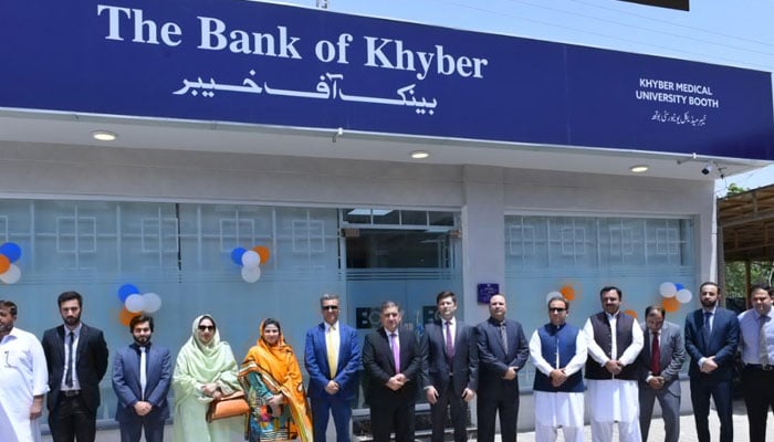 BoK staffers at the launch of their latest sub branch at Khyber Medical University (KMU) Peshawar. — X/@TheBankofKhyber