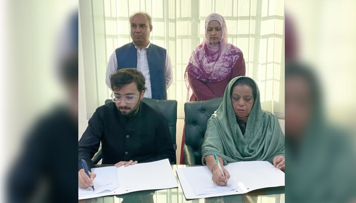 Pakistan Development Foundation (PDF) Chairman Muhammad Bilal Sethi and Women University Mardan (WUM) Vice Chancellor Professor Dr. Safia Ahmed is signing MoU Documents seen in this image released on September 25, 2024.— Facebook/@pdfeducates