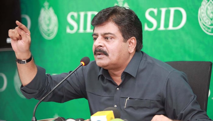 Sindh Minister or Education and Mineral Development Syed Sardar Ali Shah addresses to media persons during press conference in Karachi on September 25, 2024. — PPI