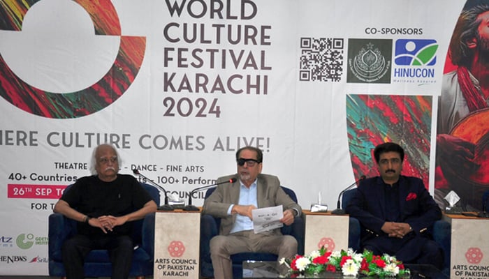 In the press conference organised by the Arts Council of Pakistan Karachi regarding the World Culture Festival Karachi, the president of Arts Council Muhammad Ahmad Shah is press briefing to Media on this festival, well-known intellectual and humorist Anwar Maqsood and Minister of Culture Sindh Syed Zulfiqar Ali Shah also present seen in this image on September 25, 2024. — Reporter