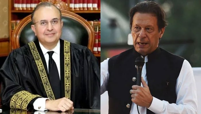 This collage of images shows,  Supreme Court’s Justice Mansoor Ali Shah (left) and Pakistan Tehreek-e-Insaf (PTI) jailed founder Imran Khan (right). — Supreme Court of Pakistans website/AFP/File