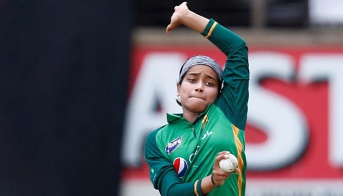 Pakistani skipper Fatima Sana in the run up to bowling a delivery. — Photo courtesy PCB