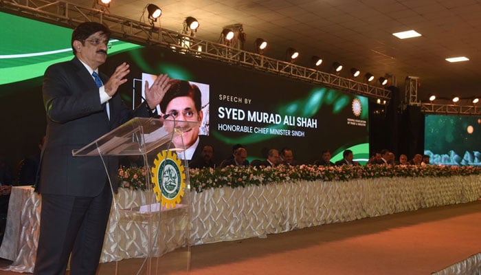 Sindh Chief Minister Syed Murad Ali Shah addresses the Annual Dinner of the Korangi Association of Trade & Industry (KATI) 2024, at the PAF Museum on September 26, 2024. — Facebook/Sindh Chief Minister House