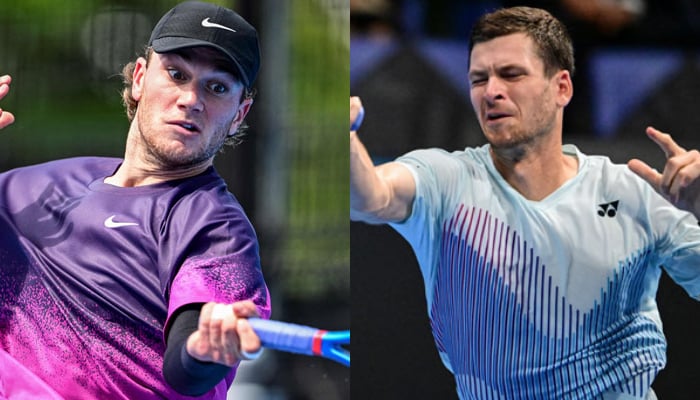 This combo of images shows, Britains Jack Draper (Left) hits a return to Polands Hubert Hurkacz (right) during their mens singles match at the Japan Open tennis tournament in Tokyo on September 27, 2024. — AFP