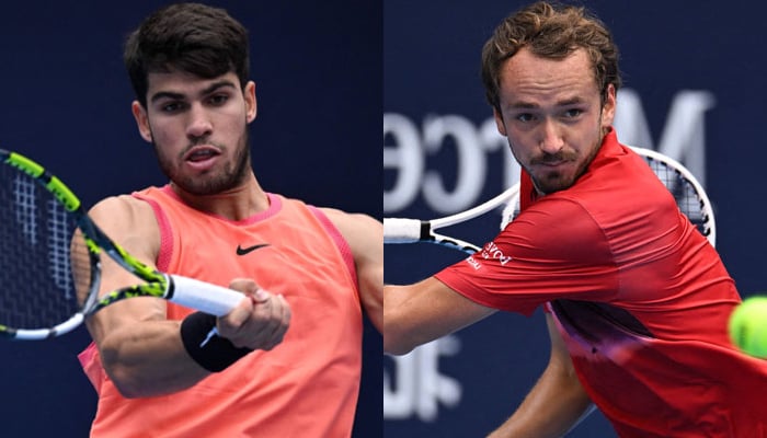 This combo of images taken on September 27, 2024, shows Spains Carlos Alcaraz ( left) and Russias Daniil Medvedev (right). — AFP