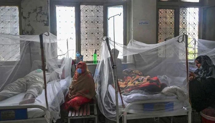 Relatives sit next to patients suffering from dengue fever at a hospital. — AFP/File