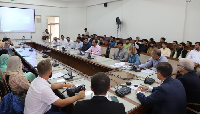 A five-member Russian delegation led by Ivan Chaika, chairman of the Russian National Award Committee Crystal Compass, visited AIOU University. Featuring Dr. Yuri Efremov, Director of the Russian Heritage of the Himalayas: The Journey Continues project, VC Professor Dr. Nasir Mahmood  and others image released on September 27, 2024. — Facebook/@AIOU.OfficialAccount