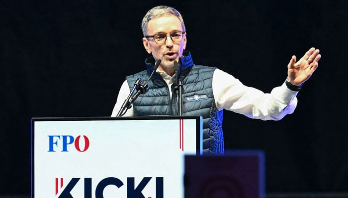 Chairman and top candidate of the Freedom Party of Austria (FPOe) Herbert Kickl speaks during an election rally at Stephansplatz in Vienna, Austria on September 27, 2024. — AFP