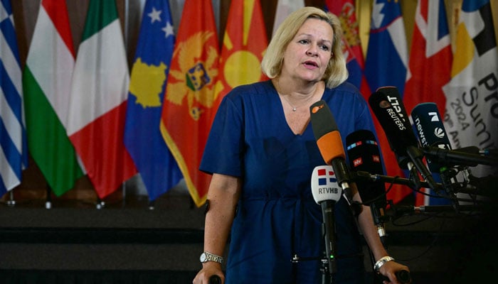 German Interior Minister Nancy Faeser addresses journalists before a meeting with European Interior Ministers and representatives of the Western Balkan states in Berlin on September 17, 2024. — AFP