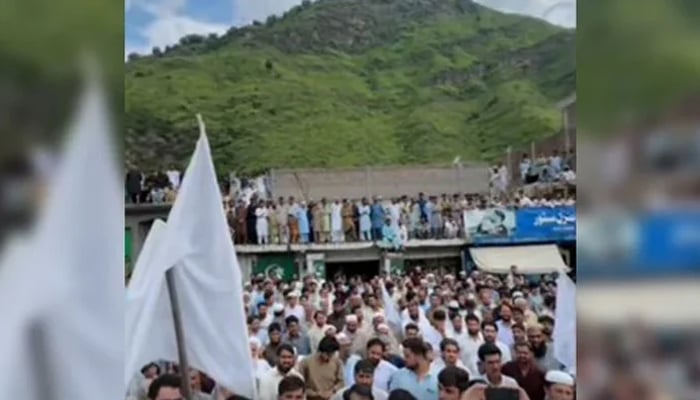 People attend a demonstration in Swat demanding restoration of peace in this image released on August 17, 2024. — Screengrab via Facebook/@mukhtarkhanesapzai