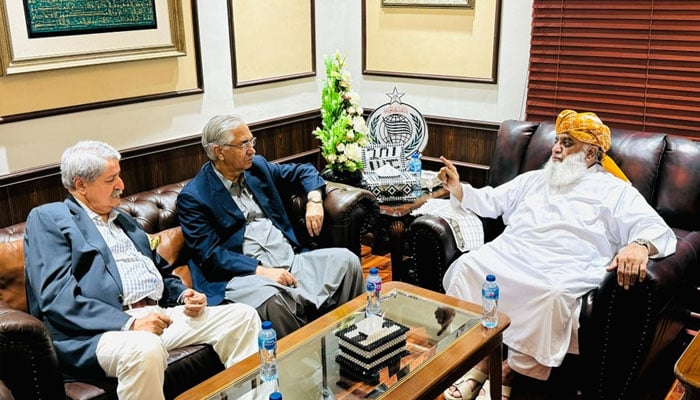 JUI-F chief Maulana Fazlur Rehman (right) meets PPP leaders Naveed Qamar (left), Nayyar Bokhari (centre) and others (not pictured) in this image released on September 28, 2024. — Facebook/@juipakofficial