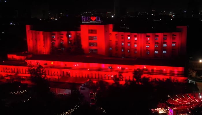 A red light is visible on the National Institute of Cardiovascular Disease (NICVD) building on World Heart Day 2024  seen in this image on September 28, 2024. — Screengrab/Facebook/@nicvdkarachi