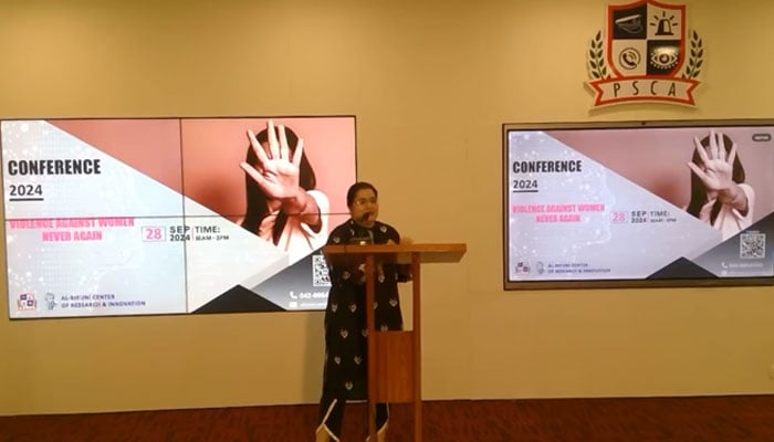 A woman addressing a conference titled Violence Against Women, Never Again on September 28, 2024 in Lahore. — Facebook/ Punjab Safe Cities Authority