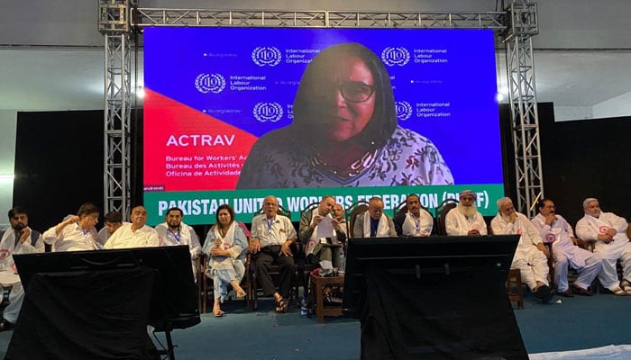 Key leaders of trade federations are sitting on the stage during the launch of Pakistan United Workers Federation (PUWF) in Lahore on September 29, 2024. — Facebook/International Labour Organization – Pakistan