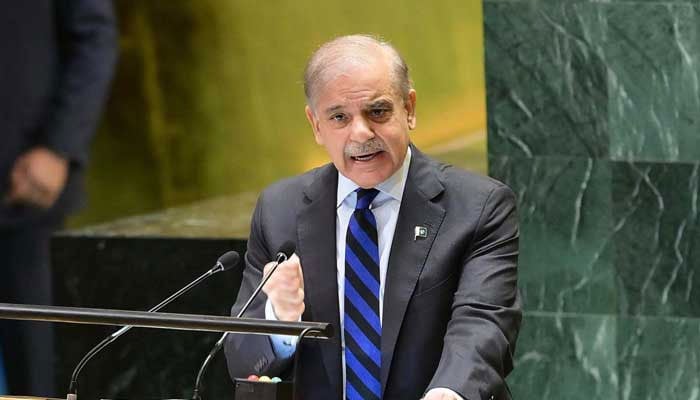 Prime Minister Shehbaz Sharif addresses the UN General Assembly in New York, US on September 27, 2024. — PID