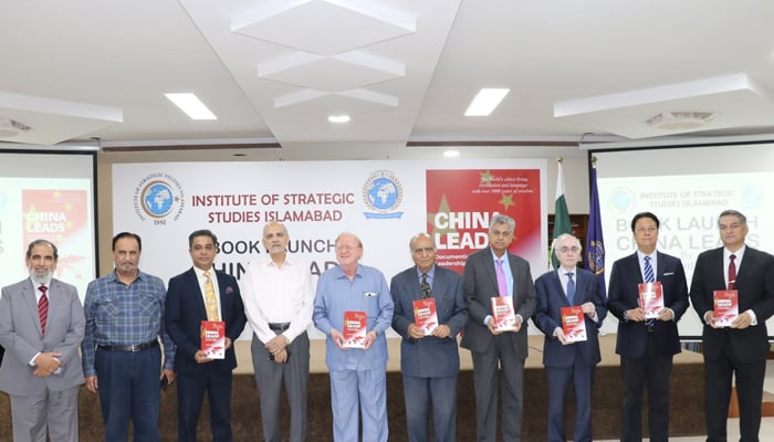 Organized by the Institute of Regional Studies (IRS), Dr Junaid Ahmads (centre) book China Leads was launched by Dr Ashfaque Hasan Khan (5th from right) and other seen in this image released on September 28, 2024. — Facebook/@Institute.of.Strategic.Studies.Islamabad