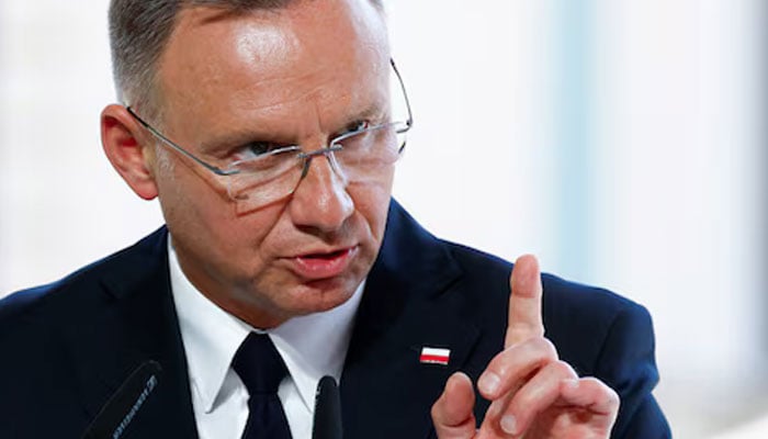 Polish President Andrzej Duda speaks during a joint press conference with Ukraines President Volodymyr Zelenskiy and Lithuanian Prime Minister Ingrida Simonyte (not pictured), in Kyiv, Ukraine August 24, 2024. — Reuters