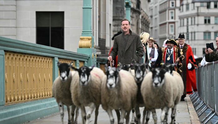 The Golden Globe and Emmy Award-winning actor wore his grandfathers wool coat and wielded a crook to move the sheep across Southwark Bridge. — AFP